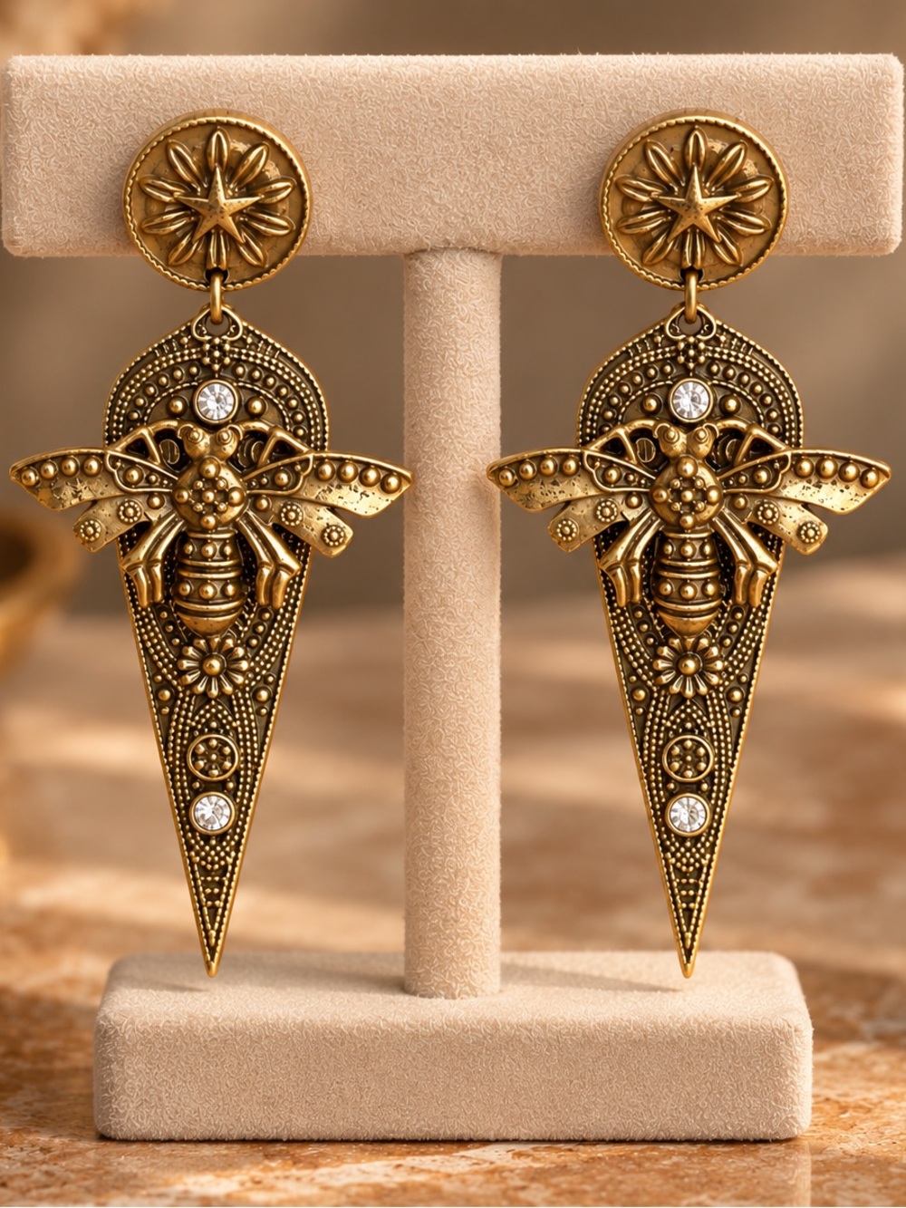 Vintage Gold Bee Drop Statement Earrings - Picture 3 of 4